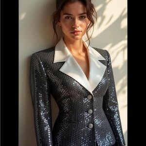 VINTAGE LILLIE RUBIN Tuxedo BLAZER JACKET BLING SEQUINS LARGE WHITE COLLAR 8